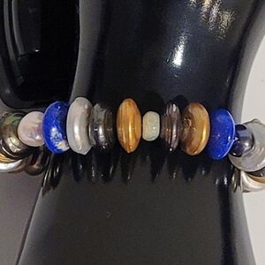 Eternity Bracelet  Gold, Silver $ Black Puffy Disk Pearls, Lapiz disk Size S/M